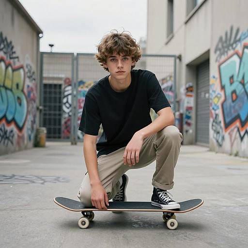 Photograph of a young, curly-haired boy in a black t-shirt and beige pants, crouching on a skateboard in a graffiti-covered urban alley