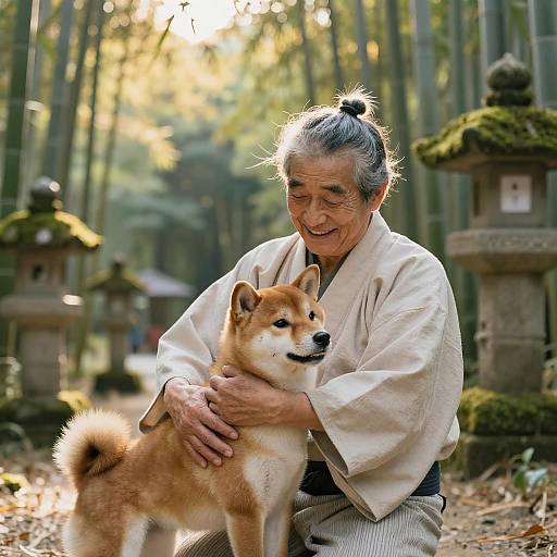 Elderly Japanese Man Embracing Shiba Inu in Bamboo Grove