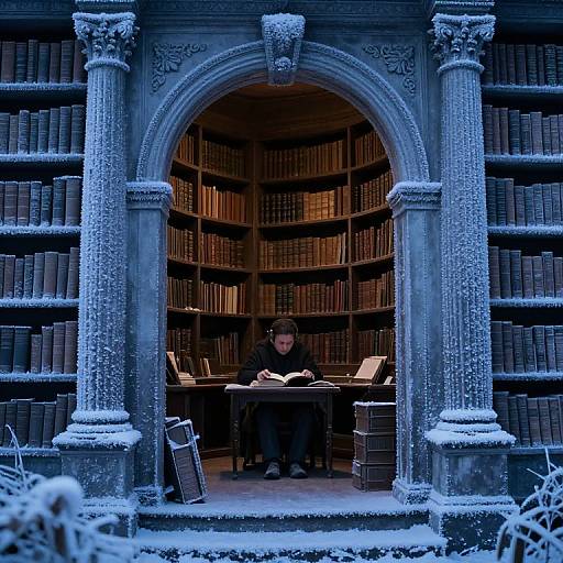 Photograph of a man in a black coat, reading at a snow-covered library entrance with ornate arches and book-filled shelves.