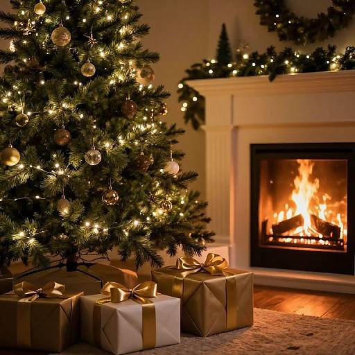 Photograph of a warmly lit living room with a decorated Christmas tree, glowing fireplace, and four gold-ribboned gift boxes.