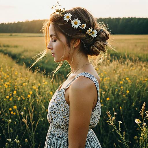 Young Woman with Floral Half-Updo in Countryside Field