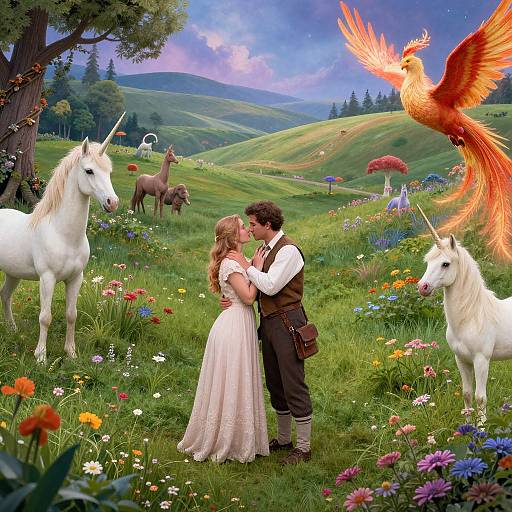 Fantastical landscape: couple kissing in front of unicorns, fiery phoenix, colorful meadow, rolling hills, mythical creatures under a vibrant sky.