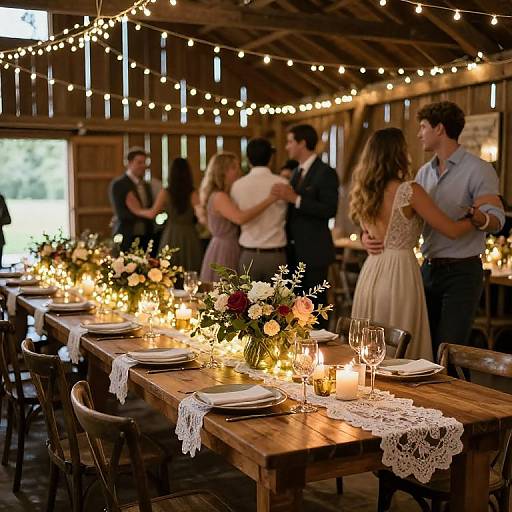 Photograph of a rustic barn wedding reception with string lights, wooden tables adorned with lace runners and floral centerpieces, and guests dancing in the background.