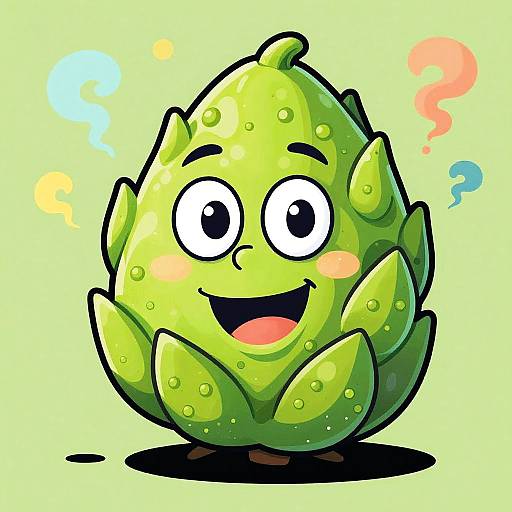 Cartoon green, bumpy egg character with wide eyes, blushing cheeks, and open mouth smiling, surrounded by colorful question marks against yellow background.