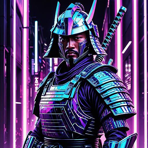 Neon Afrofuturist Samurai in Holographic Armor