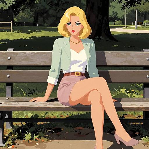 Retro Blonde Woman on Park Bench