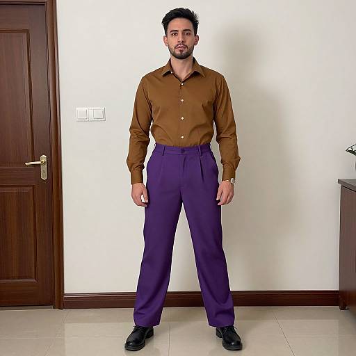Photograph of a bearded man with short black hair, wearing a brown dress shirt and purple pants, standing in a white-walled room with a