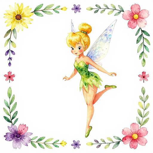 Watercolor illustration of a cheerful Tinkerbell fairy with blonde hair, green dress, and blue wings, surrounded by colorful flowers and leaves.