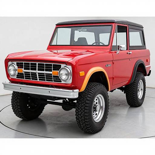 Photograph of a vibrant red, retro, off-road SUV with large black tires, chrome grille, and black roof, displayed on a white circular platform