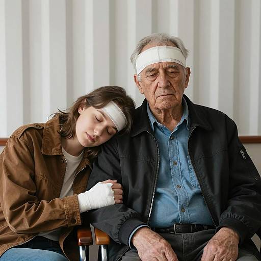Injured elderly man and young woman resting together