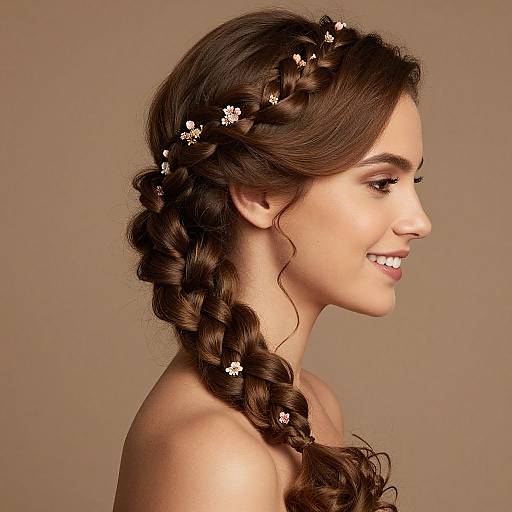 Photograph of a smiling woman with brown braided hair adorned with small white flowers, viewed in profile against a beige background.