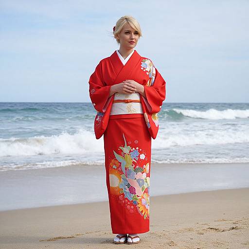 Blonde woman in a vibrant red floral kimono with white accents stands on a beach, waves in background, clear sky above.
