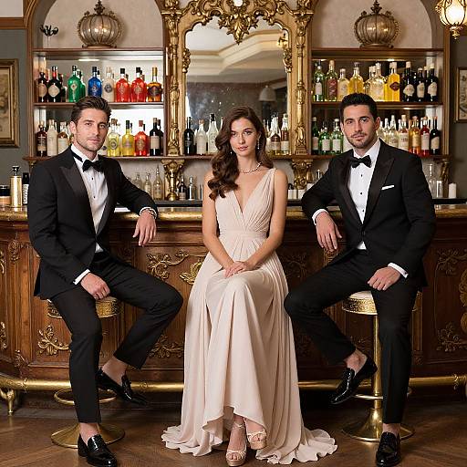 Photograph of a woman in a white, sleeveless gown seated between two men in black tuxedos, in an ornate bar with mirrored