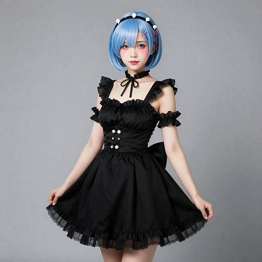 Digital anime-style image of a young woman with blue bob haircut, wearing a black gothic lolita dress, white hairband, and black ribbon ch