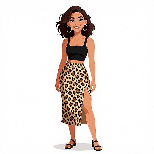 Digital illustration of a smiling woman with wavy brown hair, wearing a black crop top, leopard-print skirt with thigh-high slit, and black sandals.