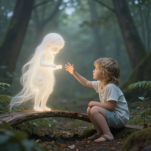 Photograph of a young girl with blonde hair and white shirt, squatting on a mossy log, reaching towards a glowing, ethereal white fairy