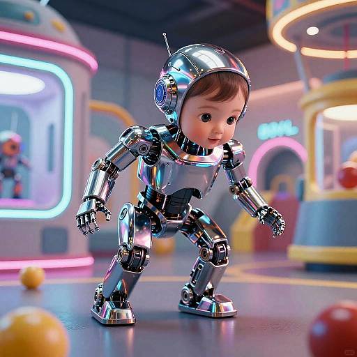 Robotic Toddler in Neon Playground