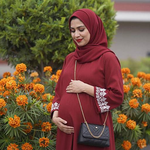 Pregnant Woman in Red Hijab Among Flowers