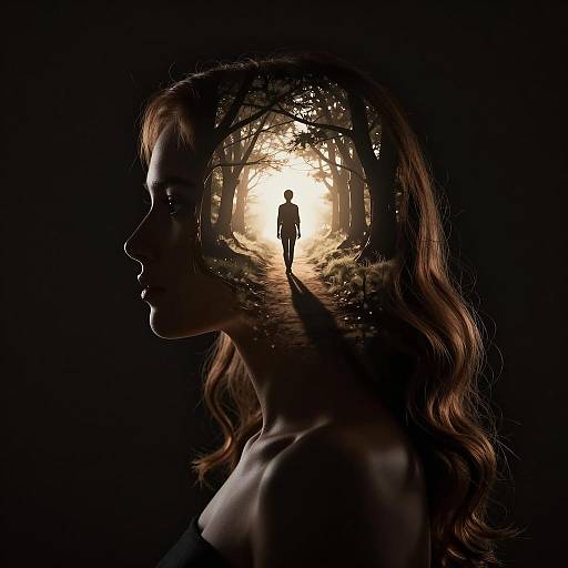 Silhouette of Woman with Surreal Forest Path Inside Head