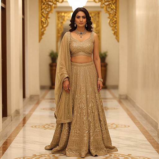 Photograph of an Indian woman with dark hair wearing a gold, beaded traditional outfit with a matching dupatta, standing in an ornate, marble