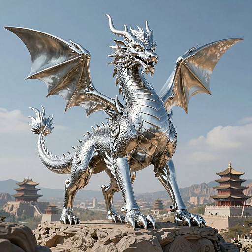 Photorealistic CGI of a shiny silver dragon with metallic wings, standing on a rock in a Chinese-style landscape with traditional pagodas.