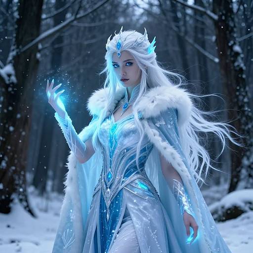 Mystical Winter Sorceress in Snowy Forest