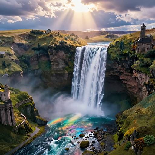 Digital artwork of a majestic waterfall cascading into a vibrant rainbow-lit pool, surrounded by lush green hills, medieval castles, and dramatic sunlight beams