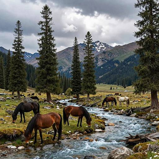 Caucasian Mountains Wild Horses Panorama