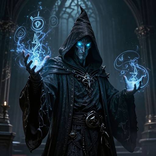 Mysterious hooded figure with glowing blue eyes conjures ethereal blue magic in a dark, gothic cathedral. Digital artwork.