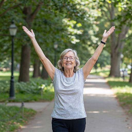 Photograph of smiling elderly woman with short gray hair, glasses, white patterned blouse, black pants, arms raised, standing on sunny park path with