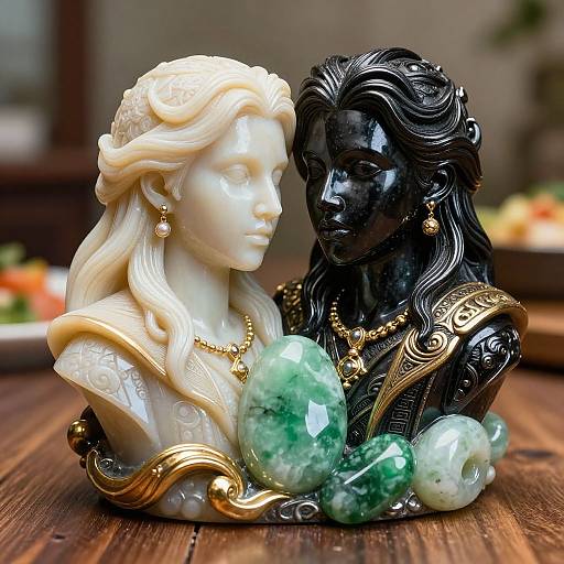 Photograph of intricately carved ivory and black marble busts, adorned with gold jewelry, surrounded by green marble orbs, on a wooden table.