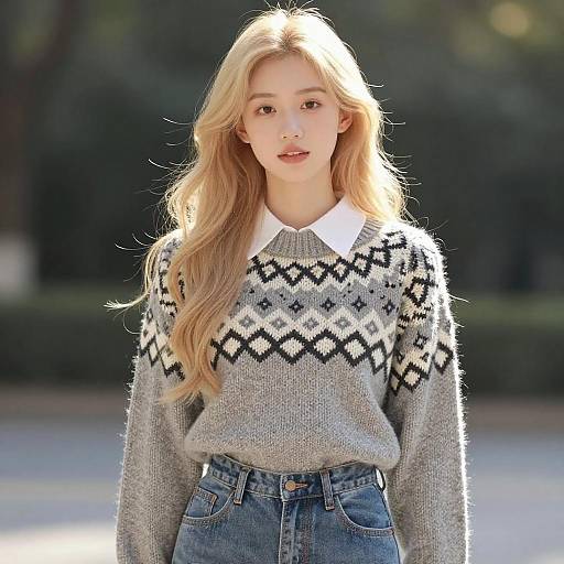 Photograph of a blonde woman with long hair, wearing a grey knit sweater with black diamond patterns, white collar, and blue jeans, standing outdoors in