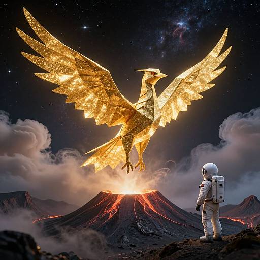 Astronaut in white suit watches as a glowing, golden phoenix emerges from erupting volcano under starry sky with cosmic clouds. Digital art.