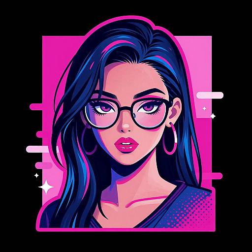 Digital illustration of a stylish woman with long black hair, glasses, hoop earrings, and pink lipstick, set against a vibrant pink square background.