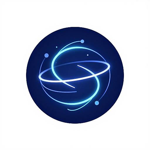 Digital illustration of a glowing blue neon ring with swirling lines and small dots on a dark blue circular background.