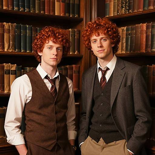 Curly Red Hair Men in Vintage Library