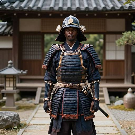 Photograph of a serious African male samurai standing in front of a traditional Japanese building, wearing black armor with gold accents, helmet, and holding a