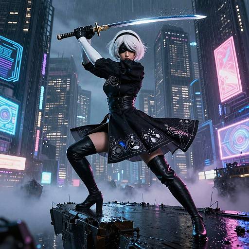 Cyberpunk action scene: black-haired woman with white bob, blindfold, black dress, thigh-high boots, and glowing sword, stands defiantly