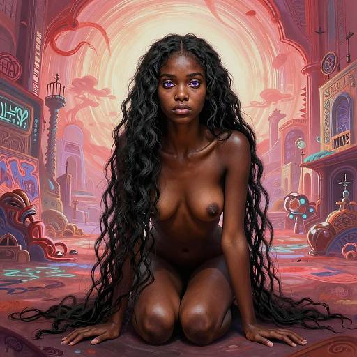 Digital art of a nude, dark-skinned, young Black woman with long, wavy hair, sitting on her knees in a vibrant, neon-l