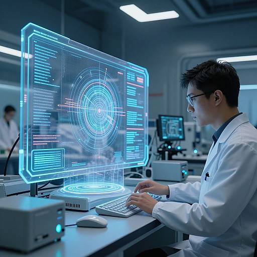 Scientist Using Holographic Interface in Futuristic Lab