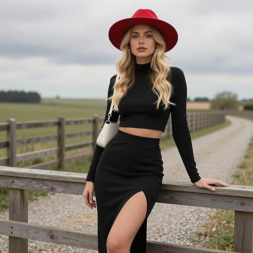 Stylish Blonde Woman in Red Hat on Rural Path