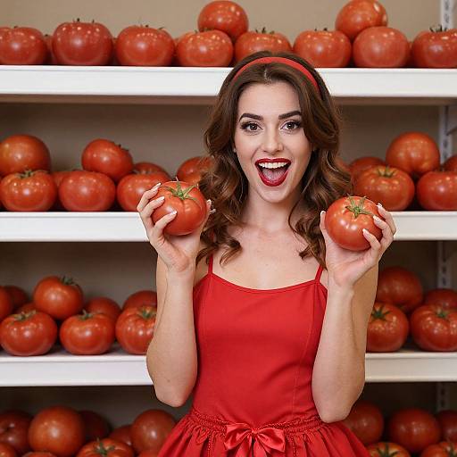 Photograph of a smiling woman with wavy brown hair, red headband, and red dress, holding two ripe tomatoes, standing in front of white