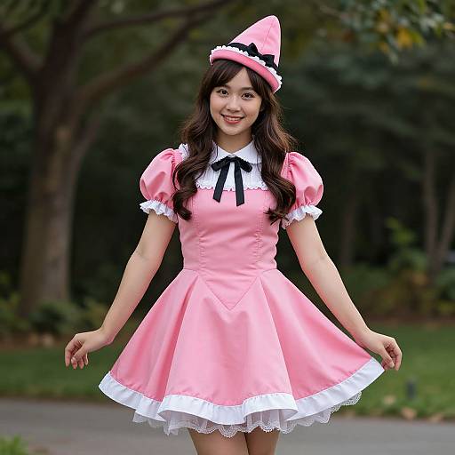 Photograph of a smiling Asian woman in a pink, puffed-sleeve, short dress with white lace trim and black bow, wearing a matching