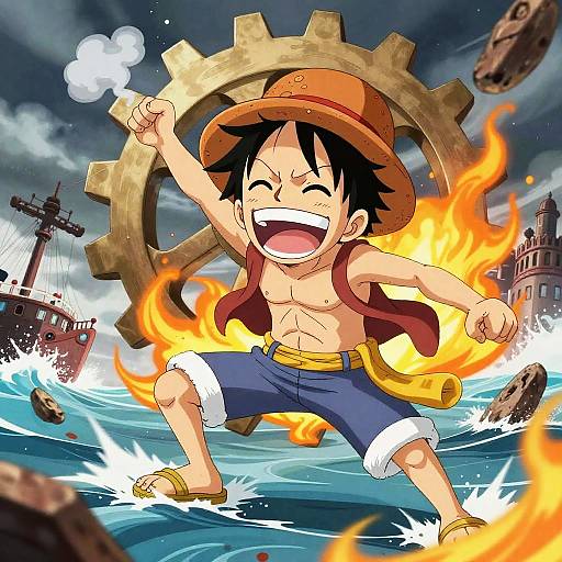 Energetic Anime Character Laughing Amid Stormy Sea