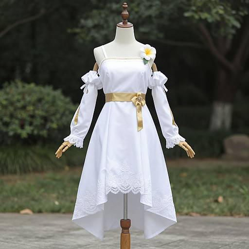 Photograph of a white, off-shoulder, lace-trimmed dress with gold sleeves, belt, and flower, displayed on a dress man