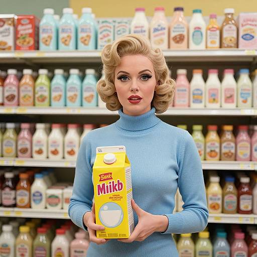 Photorealistic image of a blonde woman with curled hair, wearing a light blue turtleneck, holding a 