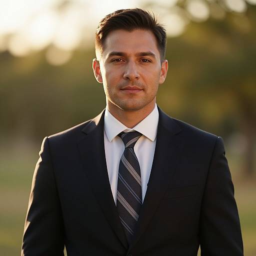 Photograph of a handsome, dark-haired man in a black suit, white shirt, and striped tie, standing outdoors with a sunny background.