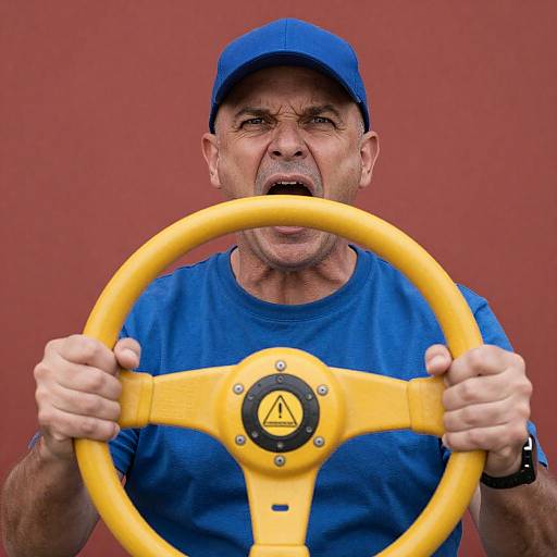 Intense Man with Steering Wheel on Red