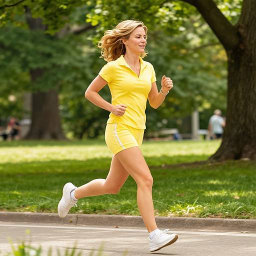 Photograph of a blonde woman jogging in a sunny park, wearing a bright yellow short-sleeve top and shorts, white sneakers, with green trees