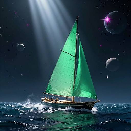 Emerald Sailboat on Cosmic Waves